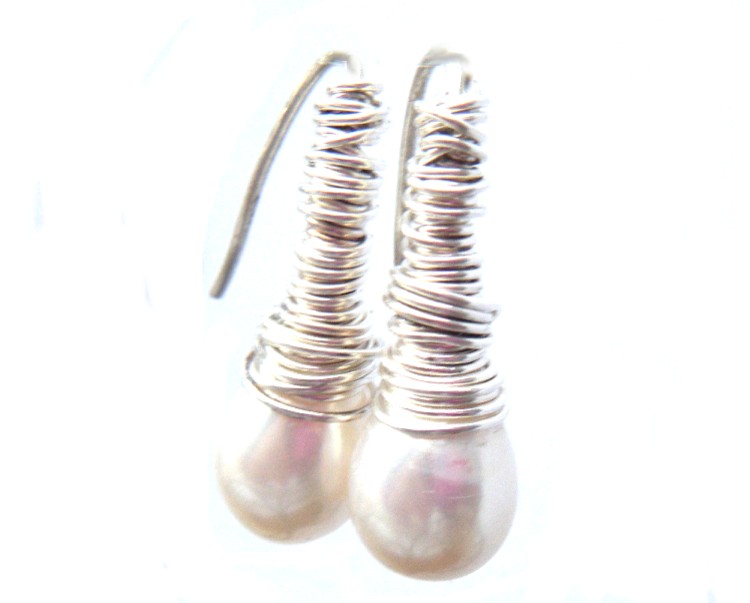 White AAA Drop Pearls with Silver Wire